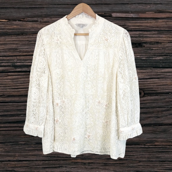 John Mark White Cuffed Sleeve Blouse with Mandarin Collar - Picture 1 of 4